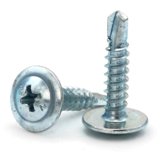 Two silver fasteners from Go Build, The Fastest Way To Builds 8 X 1-1/4 Zinc Phillips Modified Truss Self Drill (5lb) are shown. One screw stands upright with a pointed tip and spiral threads; the other lies horizontally, featuring a Phillips head. Both have wide, flat heads for secure grip.